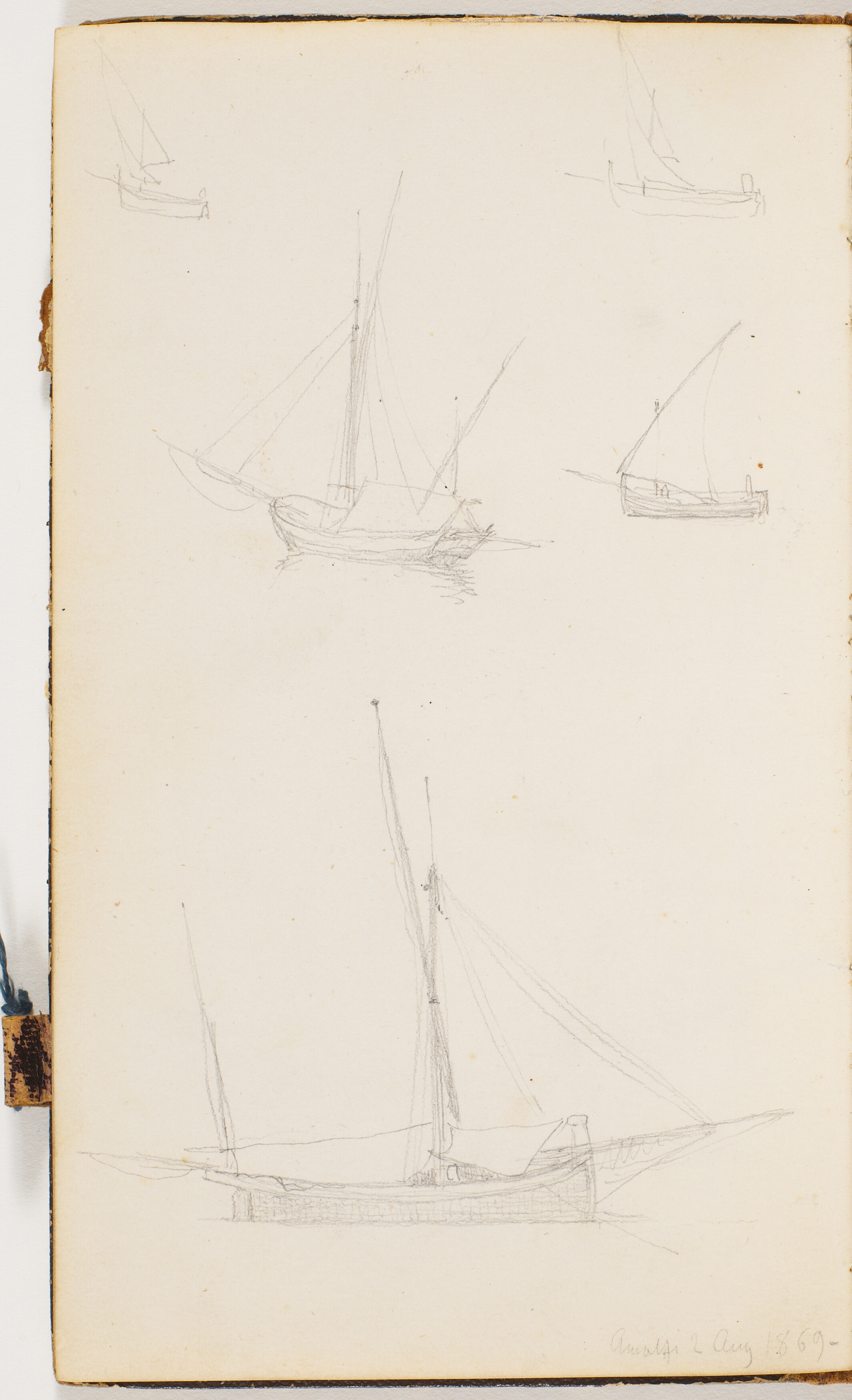 Fem små sejlskibe set fra forskellige vinkler